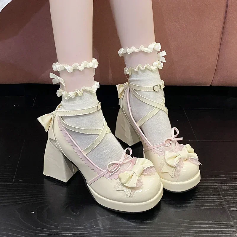 Women Platform Lolita Shoes Bow Mary Janes Shoes Party High Heels Trend Kawaii Leather Shoes Lace Fashion Chunky Heeled Pumps