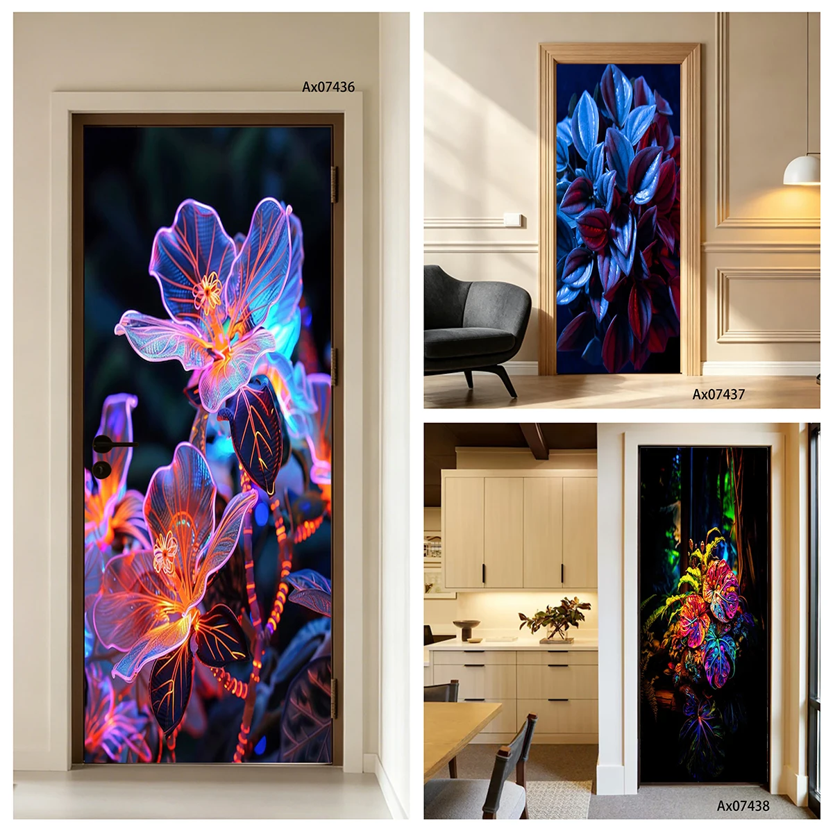 Neon Glowing Flower Door Decal Waterproof Removable Rainbow Light Tropical Plant Foliage Bedroom Entry Door Wall Art Decor
