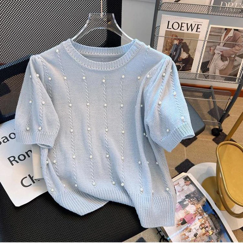 

Spring Summer Beading Knitted T-shirt Round Neck Short Sleeved Solid Color Pullover Tops Korean Elegant Women Sweater Tees
