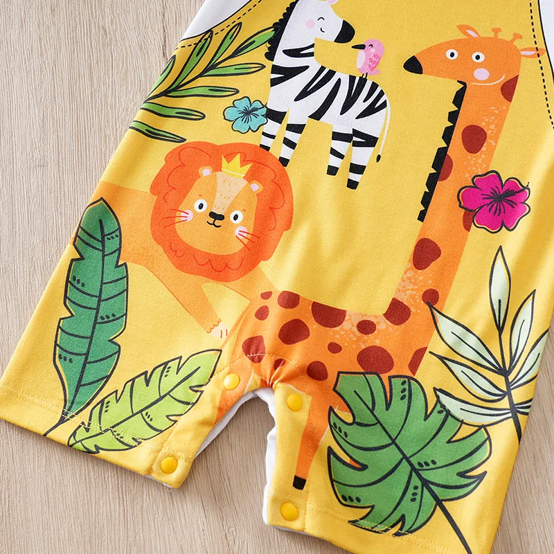 Newborn Baby Clothes yellow Animal print Jumpsuit Summer Short Sleeve Romper 0-12 months Infant Toddler Pajamas One Piece Outfit