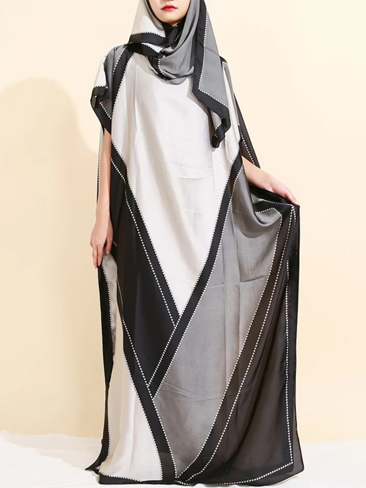 Luxury Soft Muslim Print Abayas Women Short SLeeves Imitated Silk Satin Long Dress Loose Femme Robe Islam Dresses With Hijabs