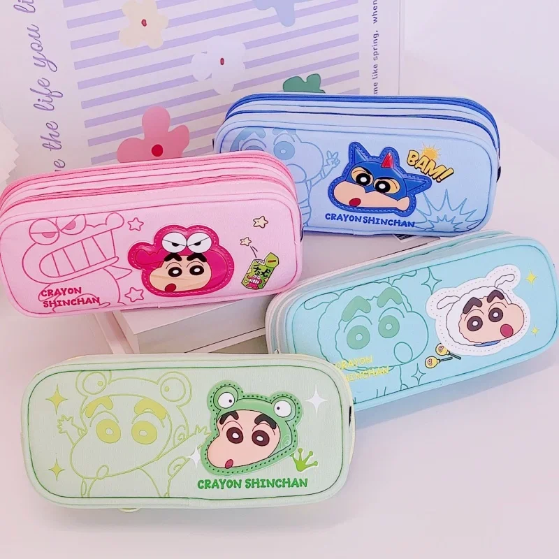 Kawaii Crayon Shin Chan Double-layer Pen Case Cute Anime Canvas Shin-chan Panda Pencil Case Girls Stationery Storage Box