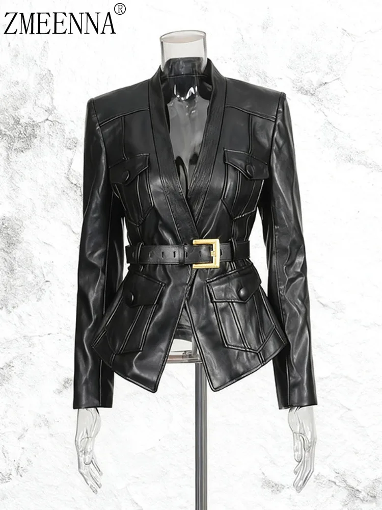 

ZMEENNA Womens Fashion Faux Leather Jacket Belted V Neck Blazer Coat Long Sleeve Gold Buckle Slim Outerwear Black ZM4347