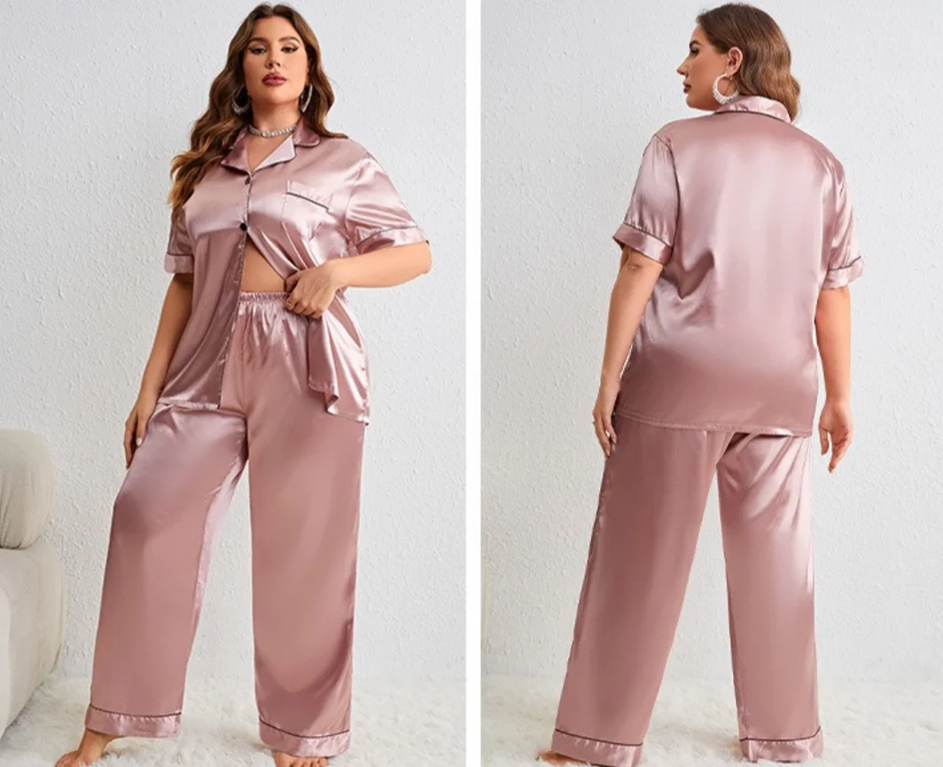 Large Size Female Pajamas Set Spring Summer Silk Satin Sleepwear Trouser Pijamas Suit Loose Casual 2 PCS Shirt&Pant Home Wear