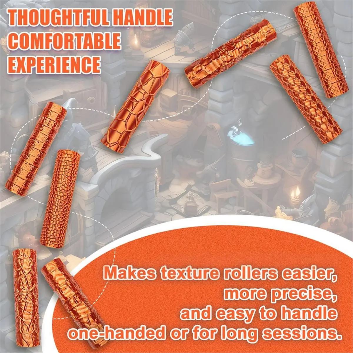 9 Pcs Clay Texture Roller Set with Handle, 3D Printed Terrain Roads Stones Walls Roofs for Clay Crafts