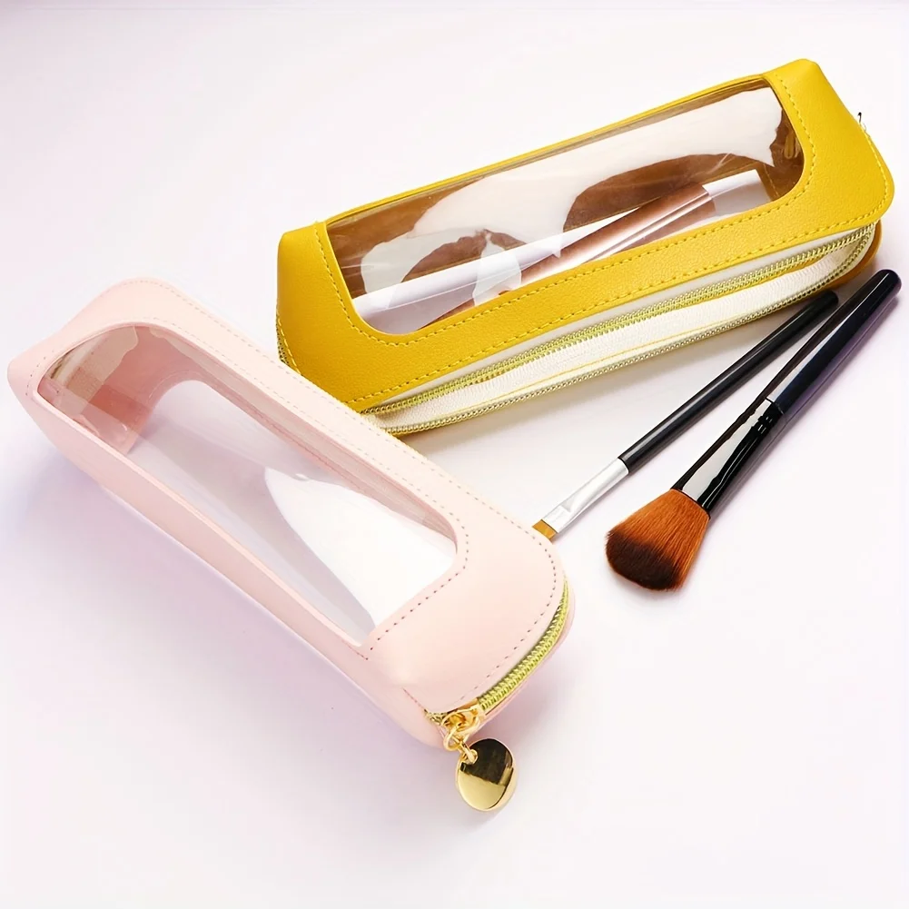Bolsa de maquiagem portátil com janela transparente, material tpu, bolsa cosmética com zíper para batom/escova/caneta, viagem leve