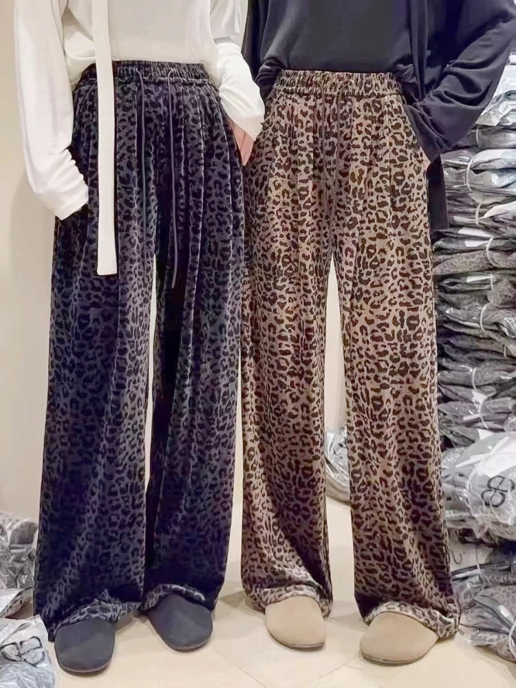 Elastic Waist Drawstring Leopard Loose Golden velvet Pants Winter Chic Straight Women's Pants Casual Retro Trousers Streetwear