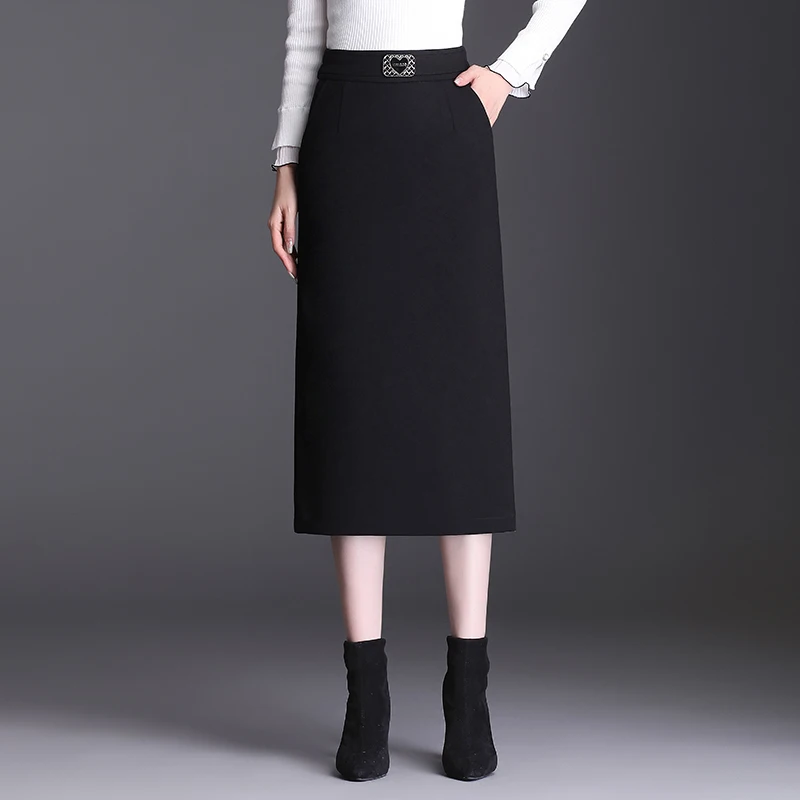 

Womens 2024 Autumn/Winter Black Pencil Skirt Fashion High Waist Ladies S M L Female Mid-Calf Skirt