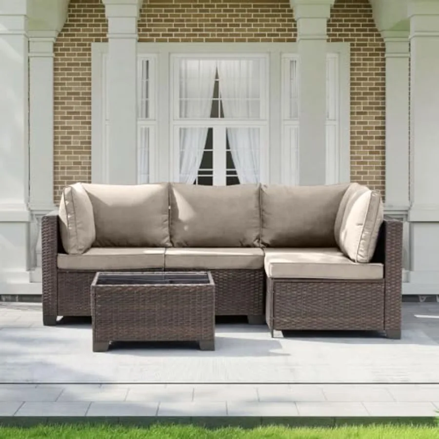 5 Pieces Outdoor Patio Furniture Set All-Weather Sectional Sofa Dark Brown PE Rattan Wicker Conversation Set with Glass Table a