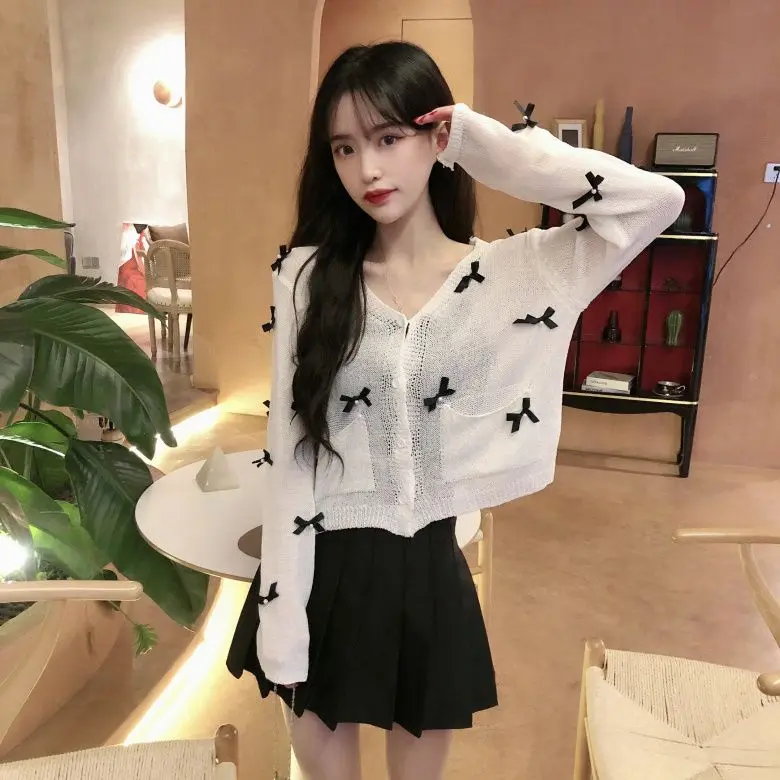 Summer New Internet Celebrity Bow Sunscreen Small Cardigan Thin White Loose Coat Long Sleeve Knitted Shirt for Women