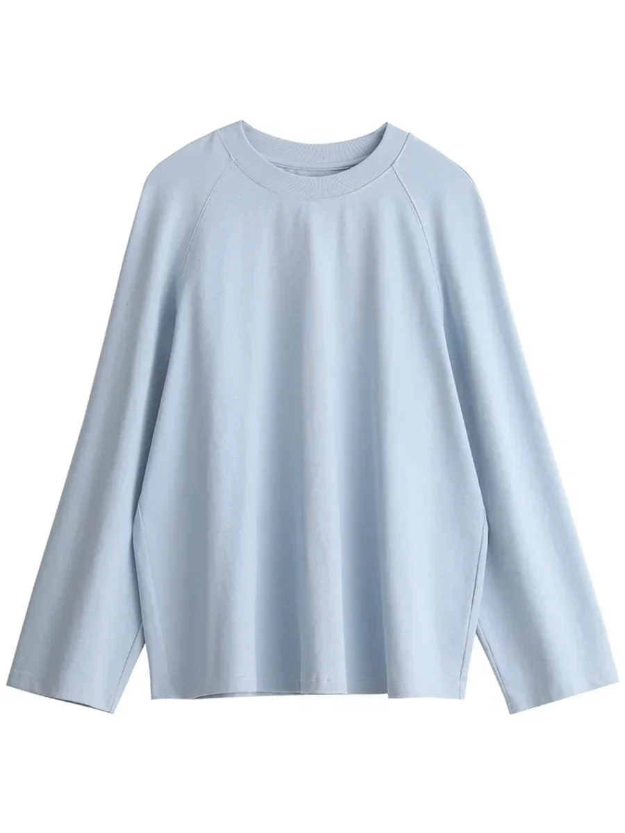 CHIC VEN Women T-shirt Solid New Simple Loose Round Neck Cotton Raglan Long Sleeve Pullover Female Top Spring Autumn 2024