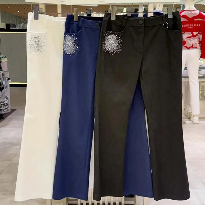 2026 New Women Golf Long Pants Rhinestone Bow Detail Ladies Versatile Casual Flared Athletic Golf Trousers