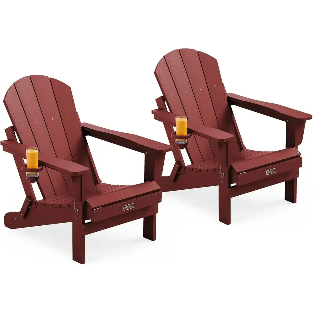 Weatherproof HIPS Adirondack Chair Set of 2 with Cup Holders, Red Patio Outdoor Furniture