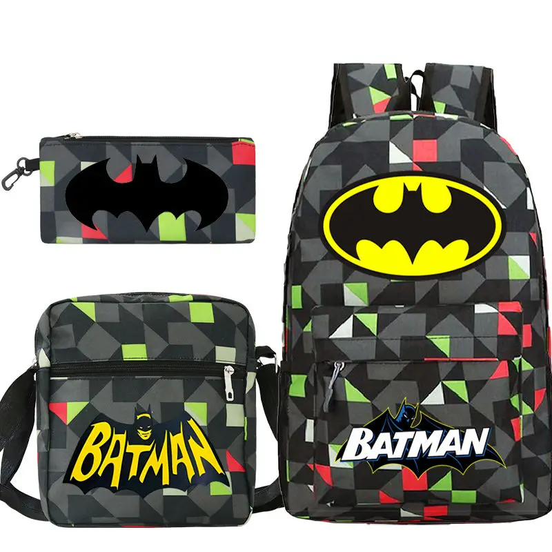 Beast Kingdom Batman Personalidade Criativa Bolsa Escolar Bolsa de Ombro Estojo de Lápis Conjunto de 3 Peças Bonito Mochila Casual para Meninos