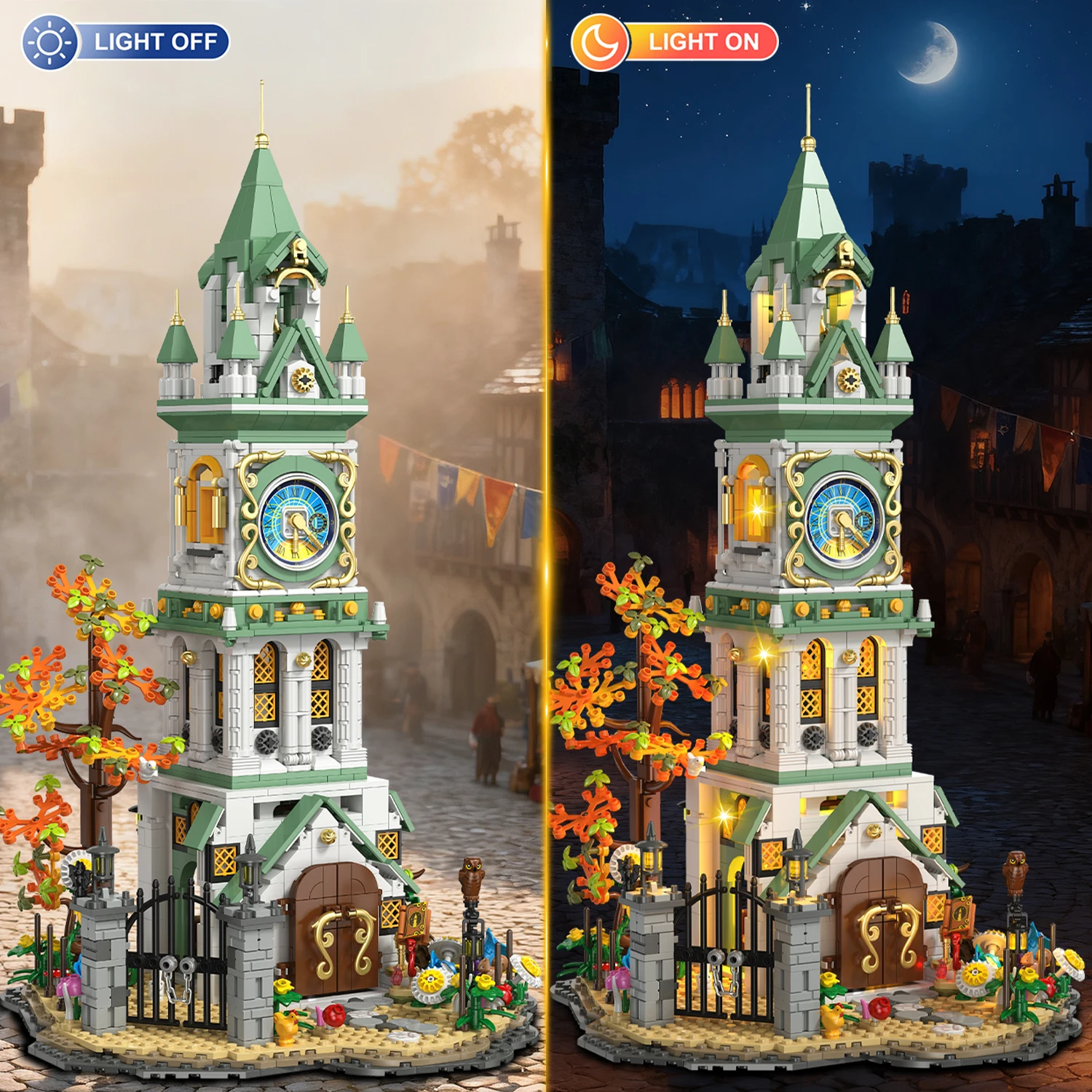 Zestaw klocków Magic Clock Tower - Wbudowane oświetlenie LED. Zawiera magiczną książkę i świecącą różdżkę. Prezent do wystroju domu dla dorosłych.