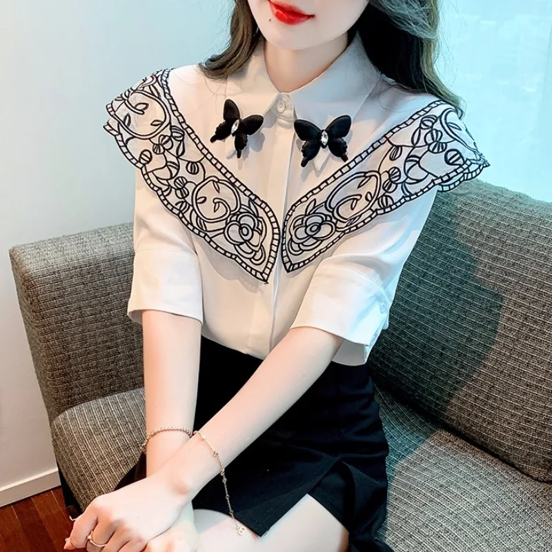 

Summer Women's Chiffon Shirt Female Clothing 2023 New Design Sense Temperament Half Sleeve Chic Top Butterfly Blusa