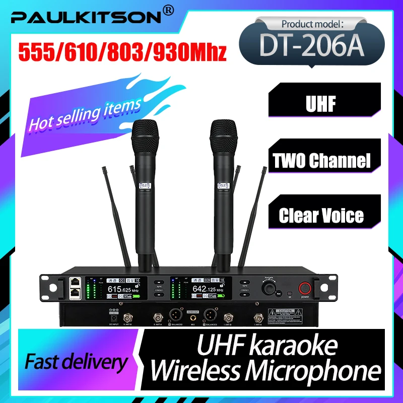 Paulkitson DT-206A Professional Wireless Microphone System Dual Channel UHF Handheld/Bodypack/Lavalier/Church Stage Karaoke