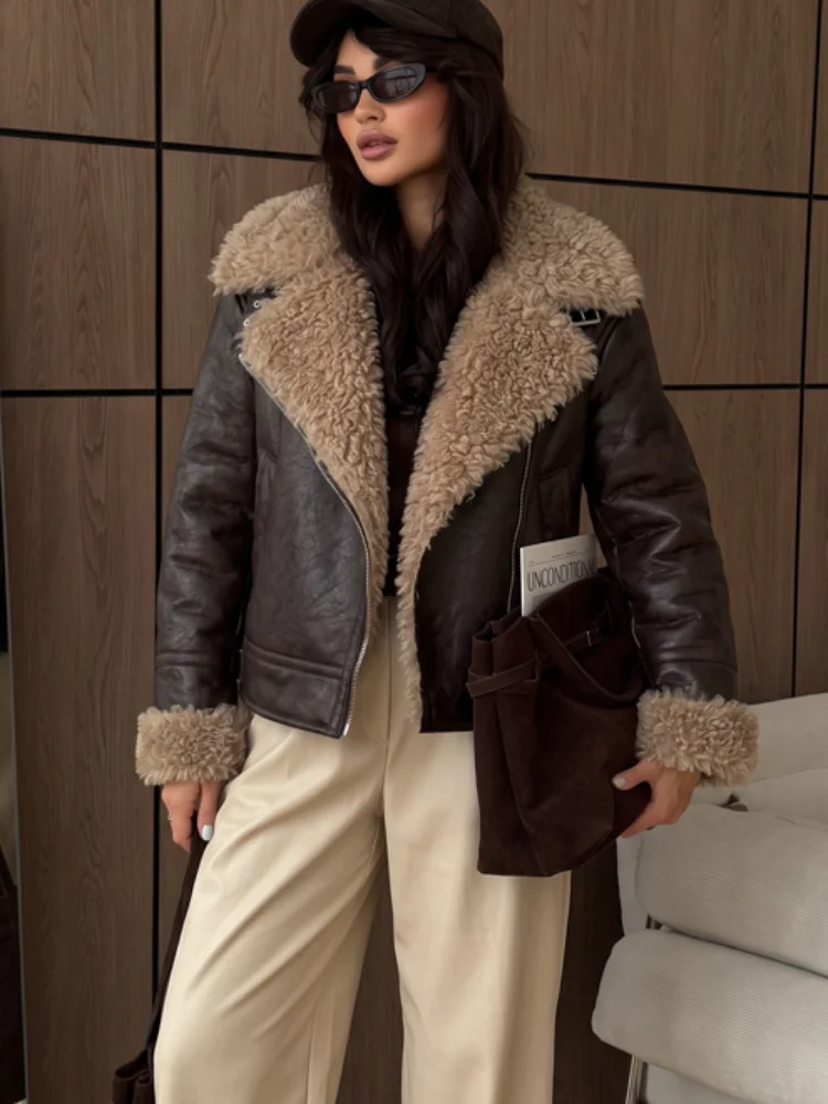 Black Faux Shearling Lined Cropped Biker Jacket Female Oversized Loose Fit Ladies Winter Streetwear Commute Moto Outerwear Warm