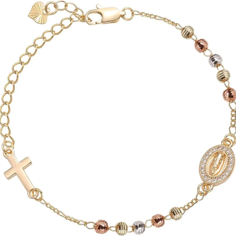 Pulsera de Rosario de regalo religioso para mujer, cuentas de Virgen de Guadalupe chapadas en oro de 14 quilates, cadena con dije cruzado, regalos católicos de la Virgen María