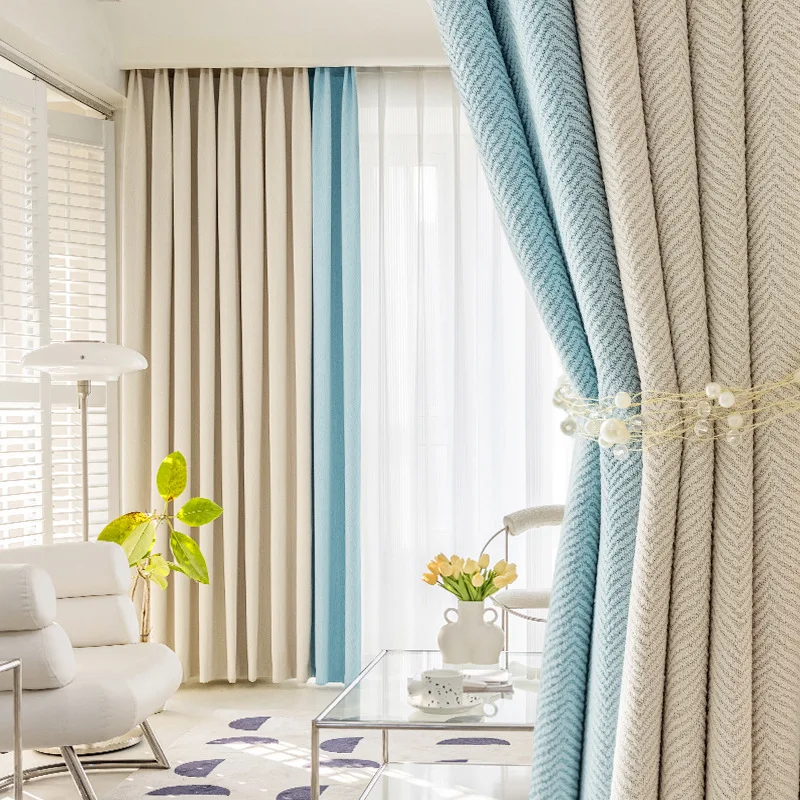 

Thickened High-shading Cream Curtains for Living Dining Room Bedroom Herringbone Pattern Cotton and Linen Splicing Customized