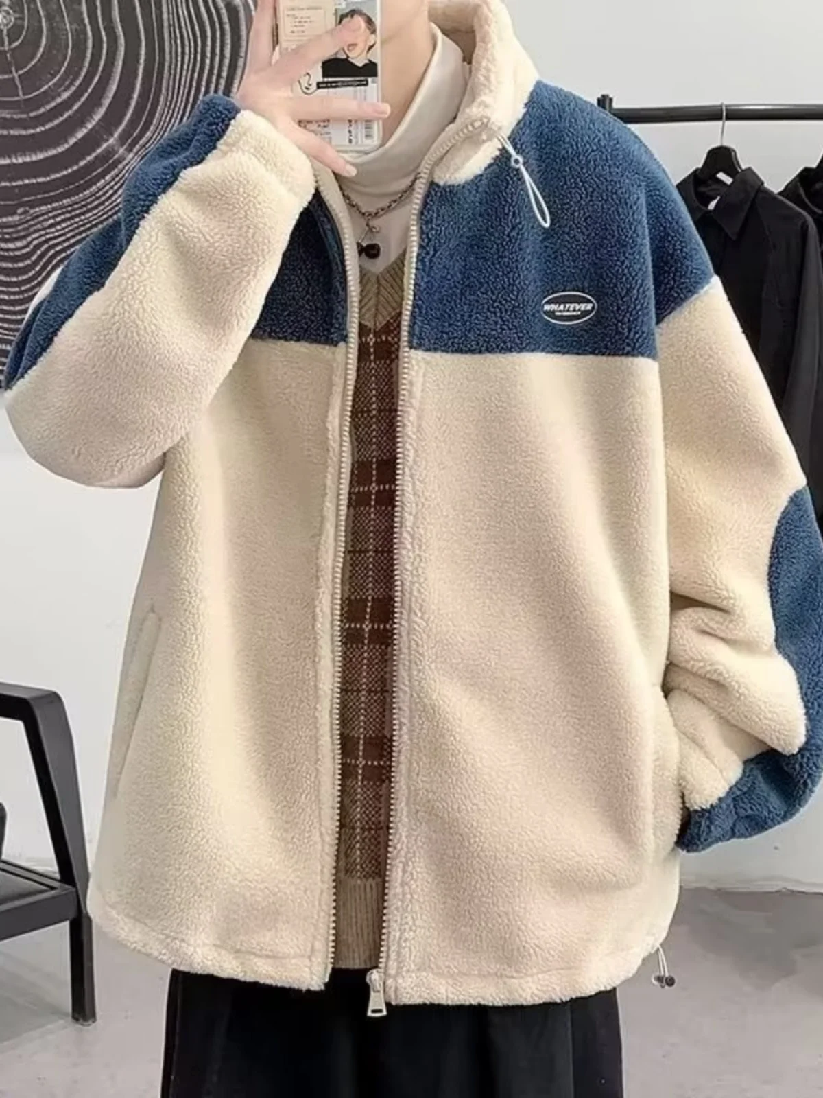 

Thiened Lamb Velvet Jaet Men's Fce Lined Cotton Coat Autumn Winter Faion Stand Collar Cotton Padded Top for plus Size