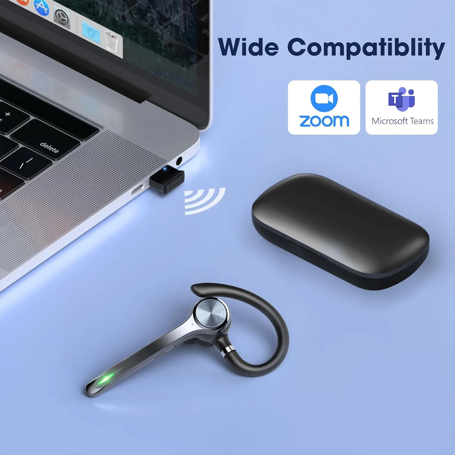 Wireless Headset Single-Ear Bluetooth Headset with Noise-Canceling Mic and USB Dongle Wireless Bluetooth Earpiece for Computer view 5