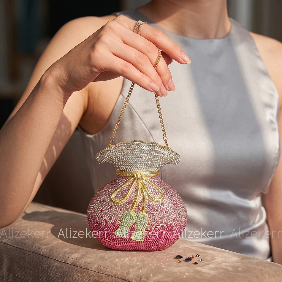 Alizekerr Women Crystal Fortune Bag Ladies Cute Gradient Pink Flat Bottom Rhinestone Evening Purse Bridal Wedding Party Banquet - view 3
