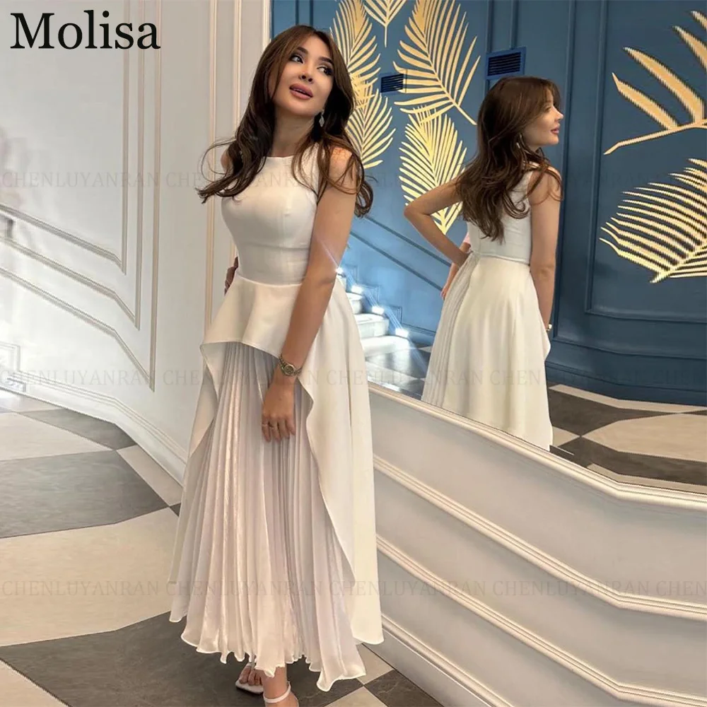 MOLISA Satin Chiffon Saudi Arabia Elegant Formal Occasion Dresses 2024 A-Line O-Neck Prom Party Dress Pleated Long Evening Gowns