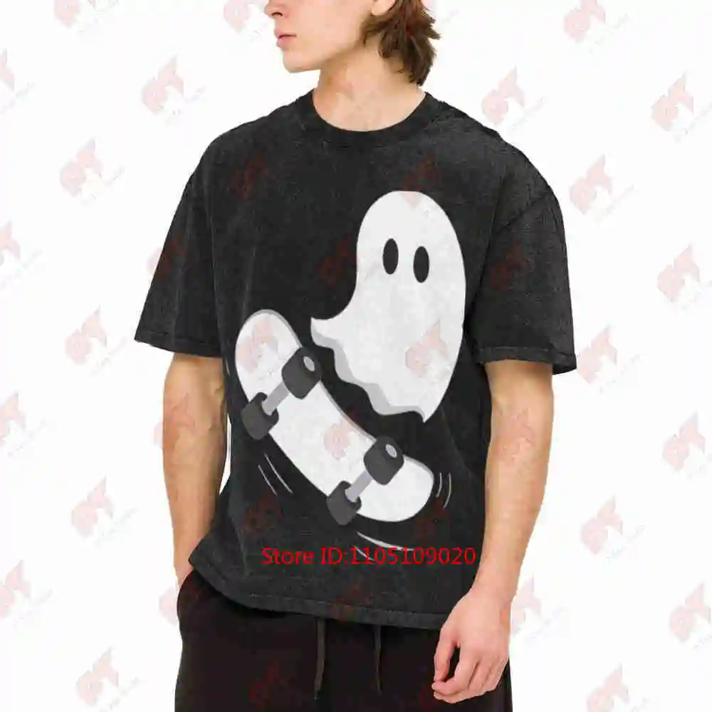 Ghost Skateboard Lazy Halloween Costume Skateboarding Vintage Washed Tee Pure Cotton T-Shirt