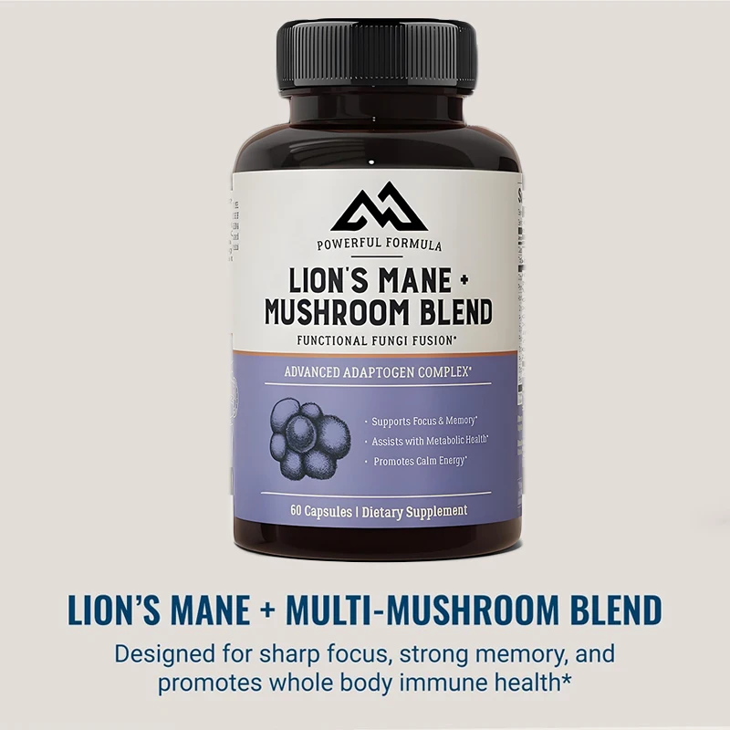 

60 capsules containing lion mane, cordyceps, lingzhi, and turkey tail mushroom for cognitive memory supplementation