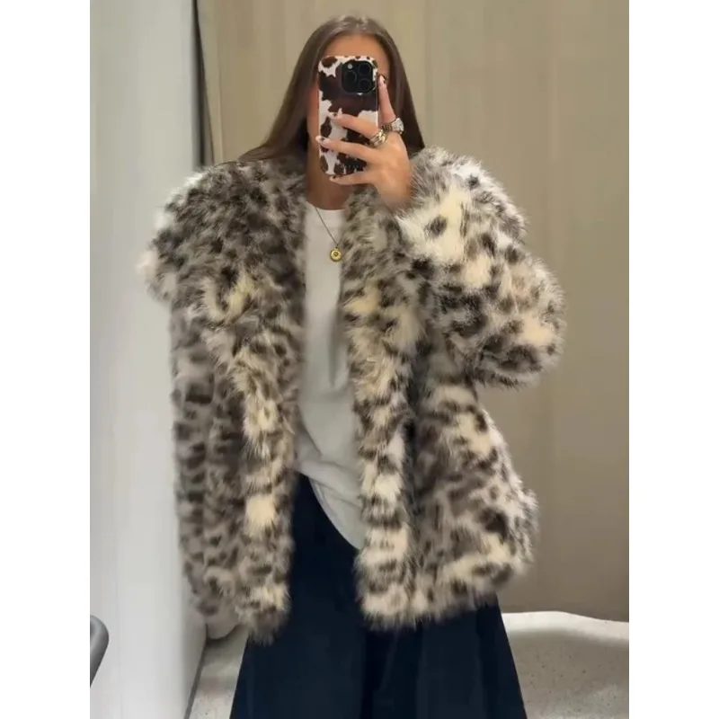 

Winter Animal Leopard Printed Faux Fur Jacket For Women LuxuryLong Sleeve Warmth Coats Lady High Street Chic Outerwear