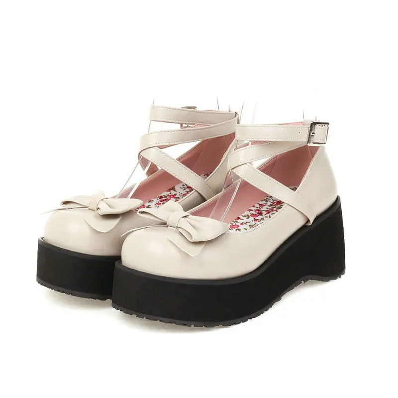 

Spring Autumn Japanese Sweet Lolita Shoes Cross Strap Platform Wedge Heel Flats for Women34-48
