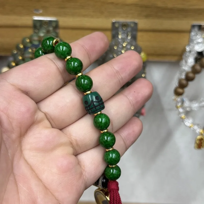 New Tibetan-style green horn single-loop bracelet double tiger teeth design, Buddhist prayer beads, cultural accessory with