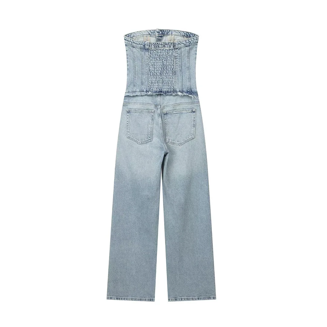 Strapless Denim Jumpsuit Spring Summer New Fashion Versatile High Waisted  Single Breasted Wide Leg Trousers Women Streetwear