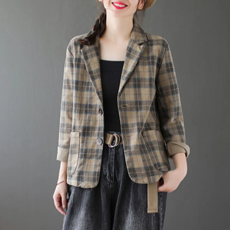 

Ретро-пальто в клетку из хлопка и льна для женщин, повседневное, с длинными рукавами, на пуговицах, больших размеров, свободного кроя, для работы и отдыха