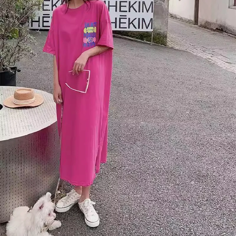 Loose Fit Mid-Length T-Shirt Dress Korean Style Short Sleeve Hong Kong Style Design Open Split Outerwear Suitable Summer