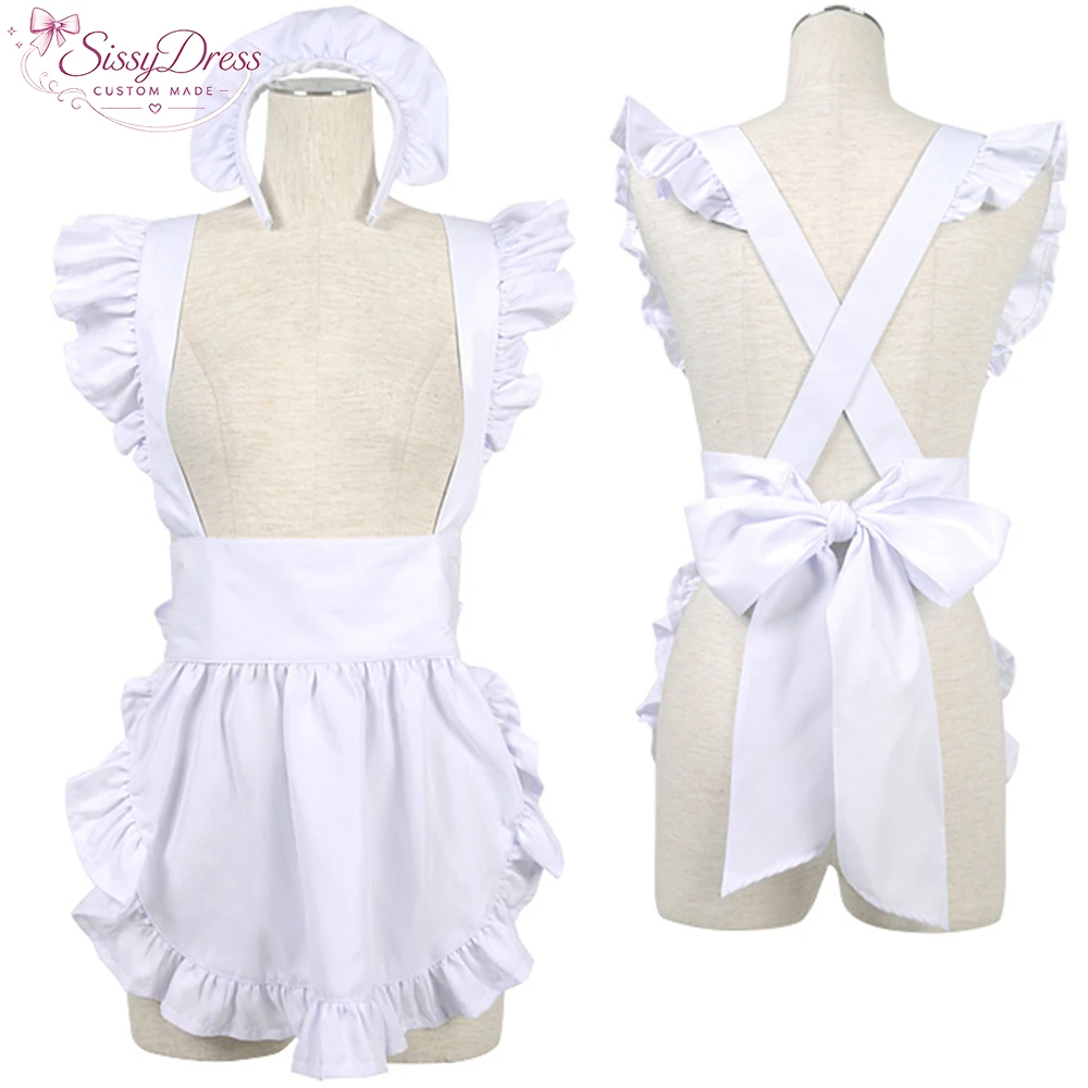

sissy dress sexy crossdressing sissy maid short white cotton apron [G2188]