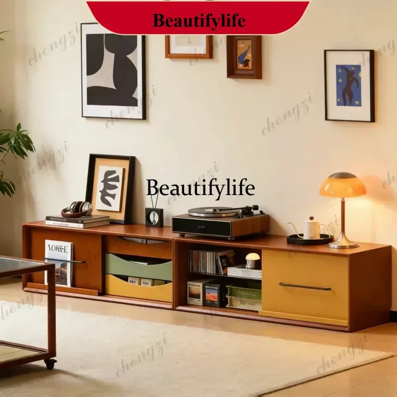 Medieval style contrasting color solid wood retro living room floor storage TV cabinet m138