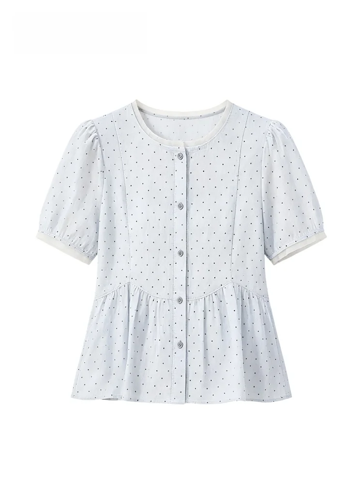 

CaraCLUB plus Size Women's Summer Shirt Short Sleeve Loose Polka Dot Top Breathable French Style Casual Wear Polyester Fiber