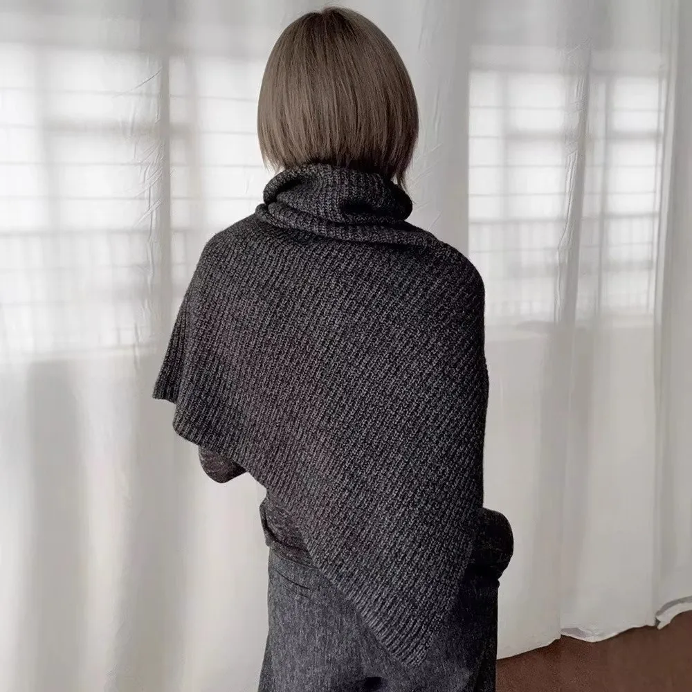 Thick Knit High Collar Scarf High Collar Pullover Style Shawl Cape Wrap Knitted Texture Split Design Split Design Poncho