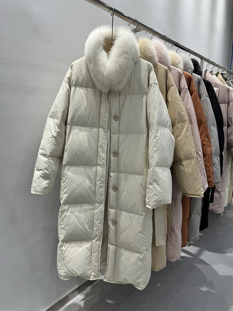 Winter new fox fur scarf down jacket women's long style over the knee 2025 new thick and trendy 90 white duck down jacket