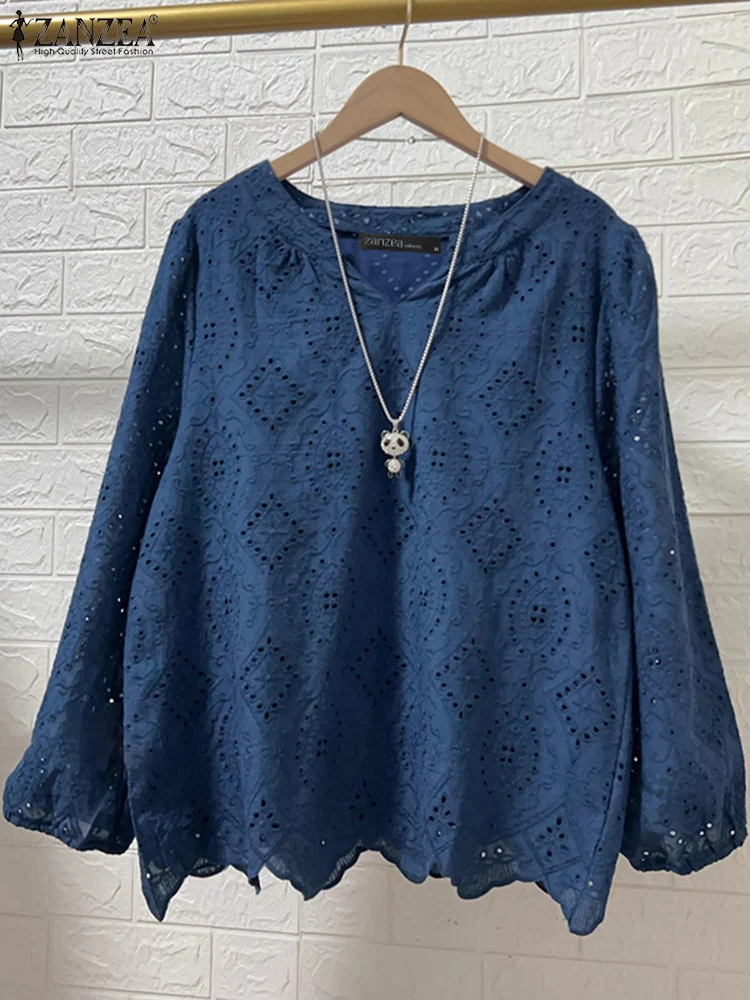 ZANZEA Women Hollow Crochet Tops Fashion 3/4 Sleeve Blouse 2025 Spring Irregular Hem Shirts Casual Loose Solid Color Tunics