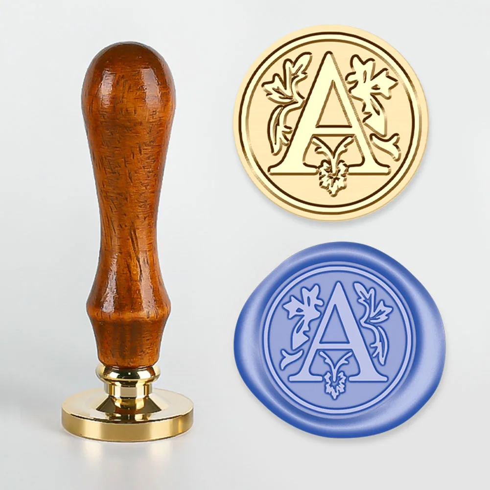 Brass Stamp Head Rosewood Handle Alphabet A-Z Seal Botanical Initial Brass Stamp Head Rosewood Handle Wax Stamp