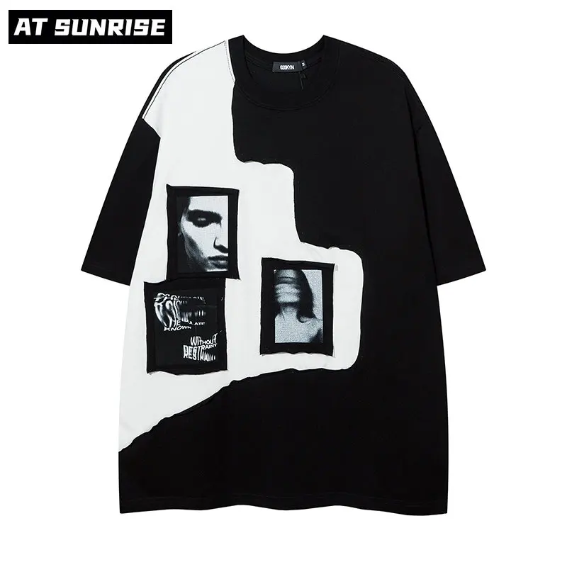 

Streetwear Hip-Hop Tshirt Men Patch portrait Psychedelic Rock Youth Alphabet Print T-Shirt Harajuku 2023 Summer Short Sleeve Top