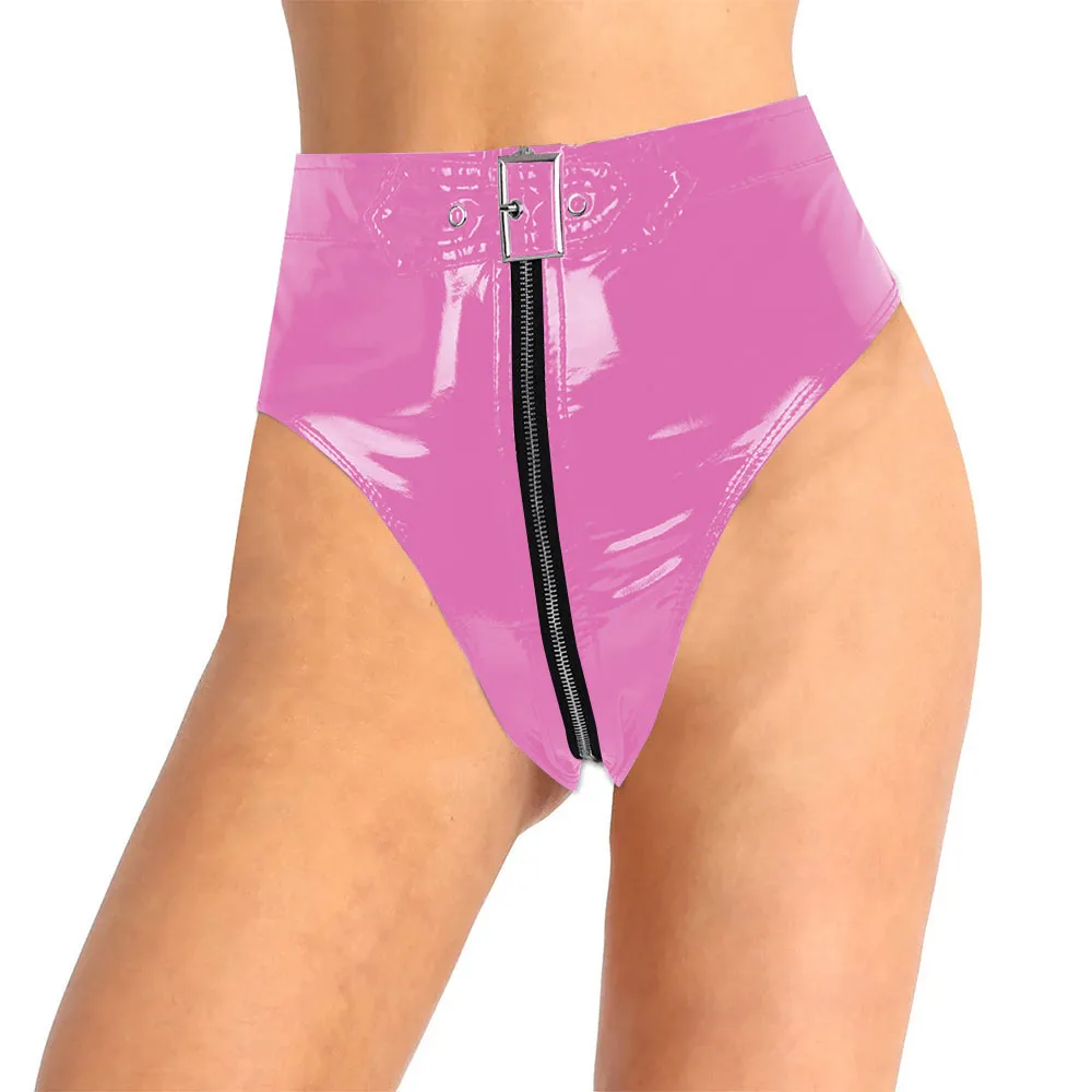 قابل للقفل بولي كلوريد الفينيل سراويل جلدية سيسي ملابس داخلية للرجال لامعة فو بولي Leather الجلود سستة ملخصات النساء عالية الخصر سيور مثير الملابس الداخلية #4