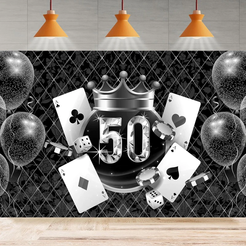 50th Birthday Photography Backdrop For Man Glitter Sliver Poker Dice Background Balloon Home Party Backdrop Wall Banner Decor