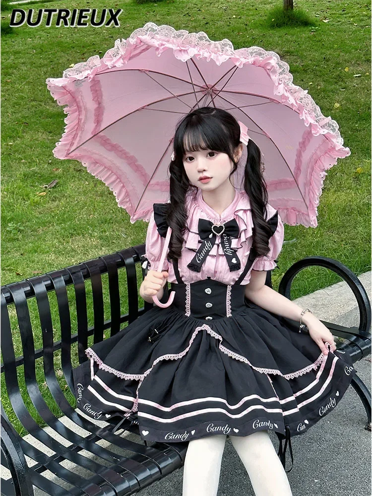 Summer Sweet Girl Suit Suspender Skirt and Short-Sleeved Pink Single-Breasted Shirt Slim Fit Versatile Top Two-Piece Set