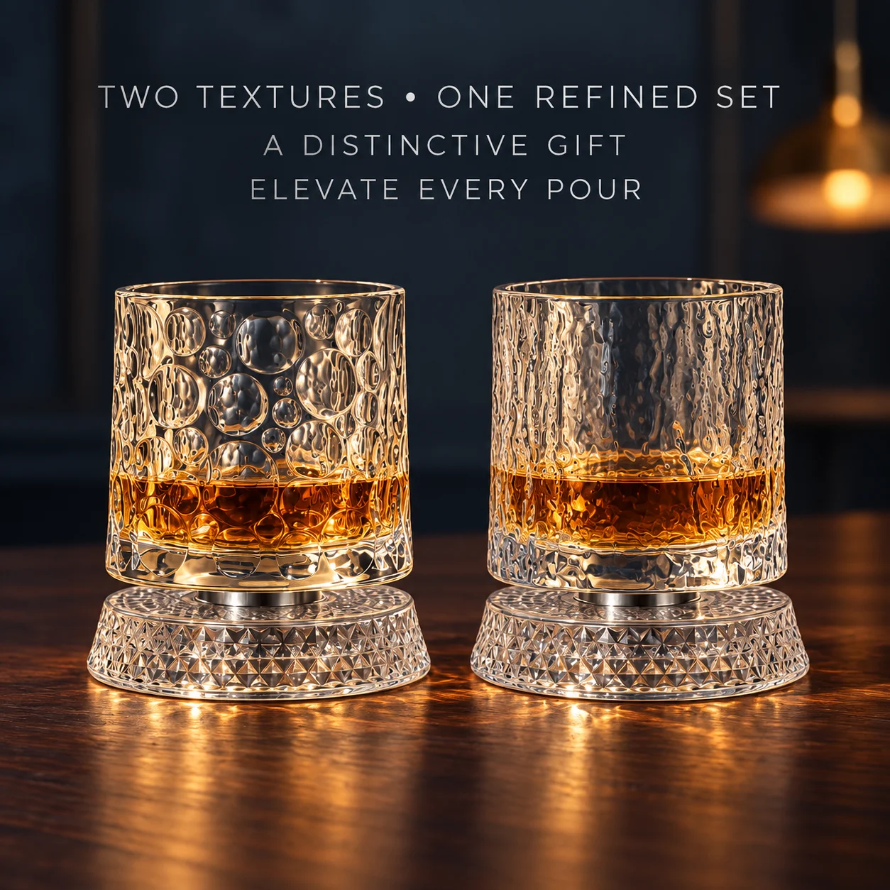 2-pCS glass set with crystal rotating base, vintage textured rollers for Scotch whisky and cocktails, elegant bar gifts for men