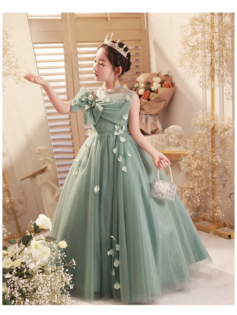 Teenage Girls Dress Green Lace Children\'s Clothing Party Elegant Princess Long Tulle Clothes Kids Sequined Wedding Ceremony Gown