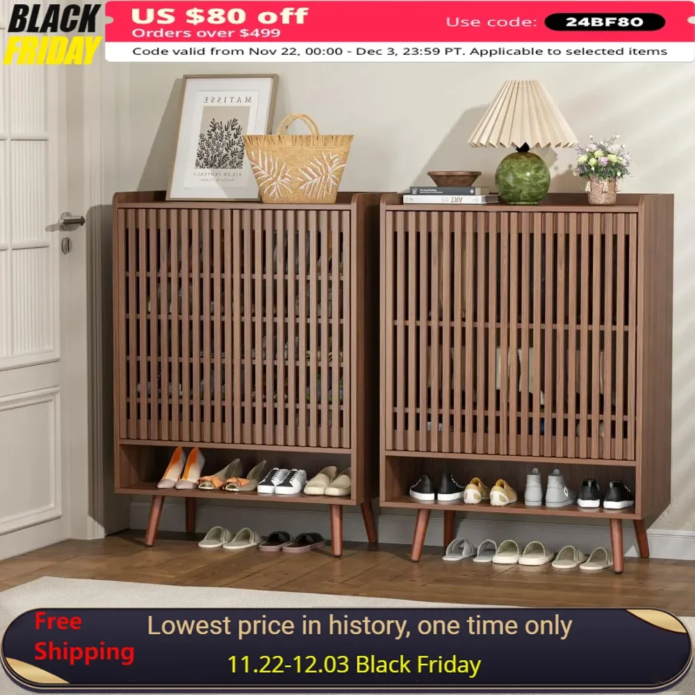 

Shoe Cabinet Set of 2, with Doors Adjustable Shelves, 6-Tier Freestanding Shoe Cabinet